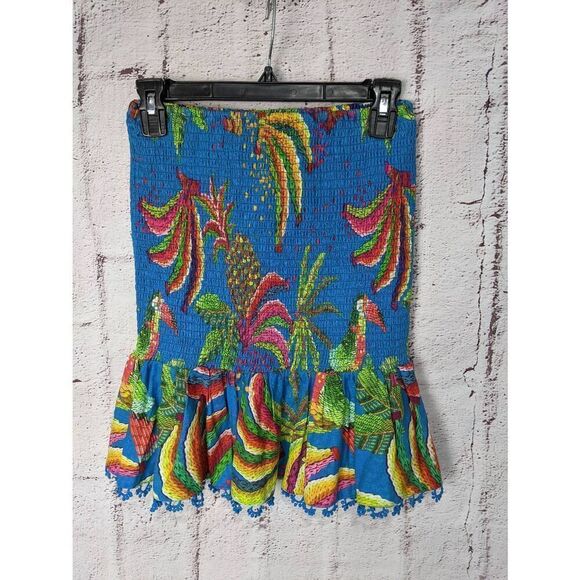 Farm Rio Blue Banana and Toucan Smocked Linen Blend Stretchy Mini Skirt w Croche - Picture 1 of 8